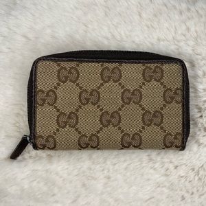 Authentic Gucci GG jacquard brown/beige canvas & leather card case / coin case